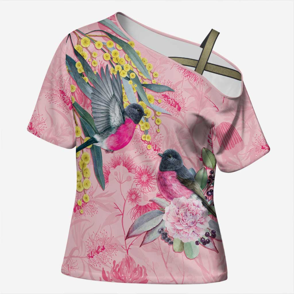 Birds and Floral Aussie Pink Robins Cross Shoulder Shirt Rosy Glow - Aussie Hoodie