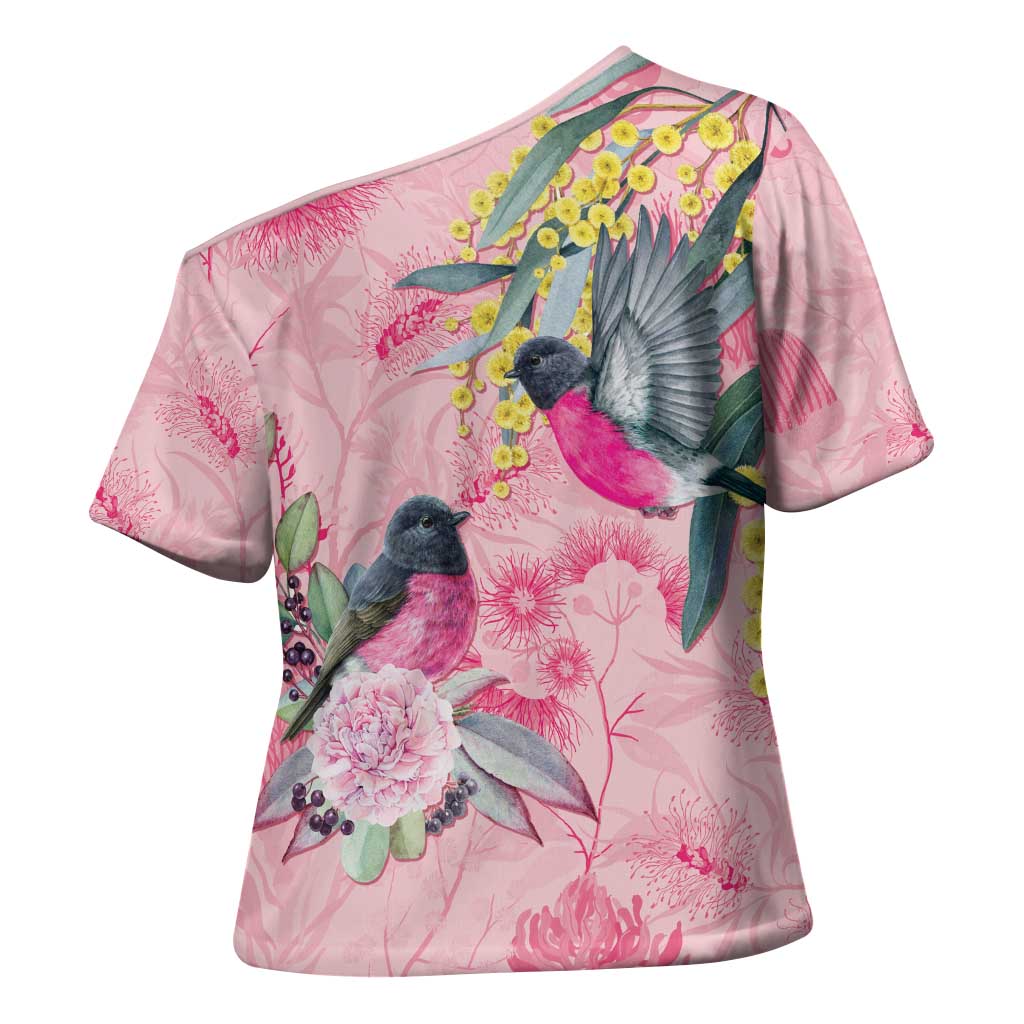 Birds and Floral Aussie Pink Robins Cross Shoulder Shirt Rosy Glow - Aussie Hoodie