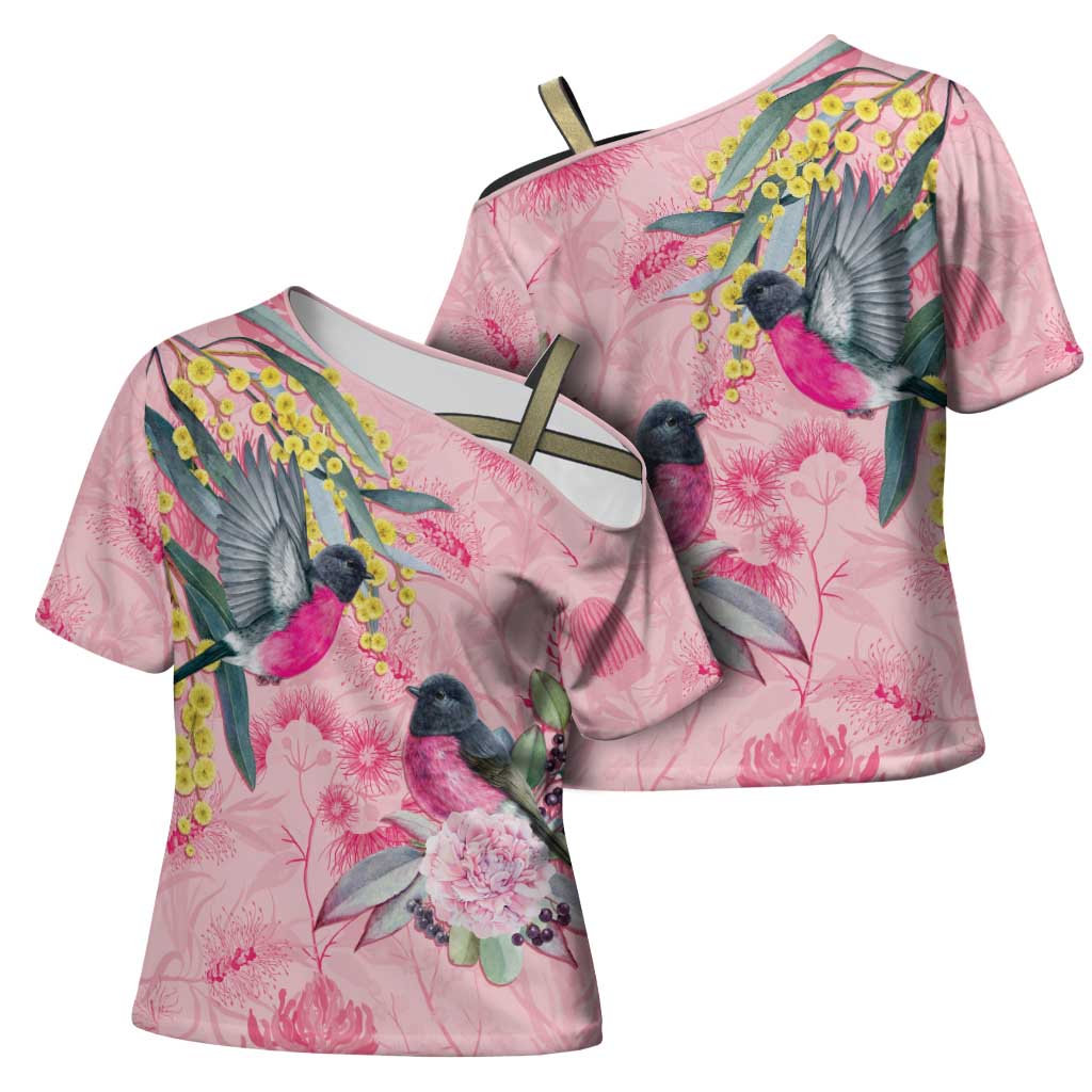 Birds and Floral Aussie Pink Robins Cross Shoulder Shirt Rosy Glow - Aussie Hoodie