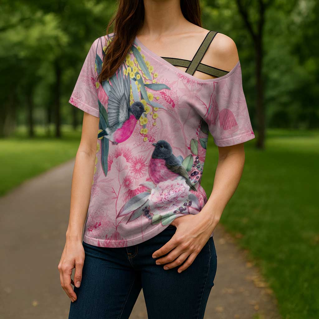 Birds and Floral Aussie Pink Robins Cross Shoulder Shirt Rosy Glow - Aussie Hoodie