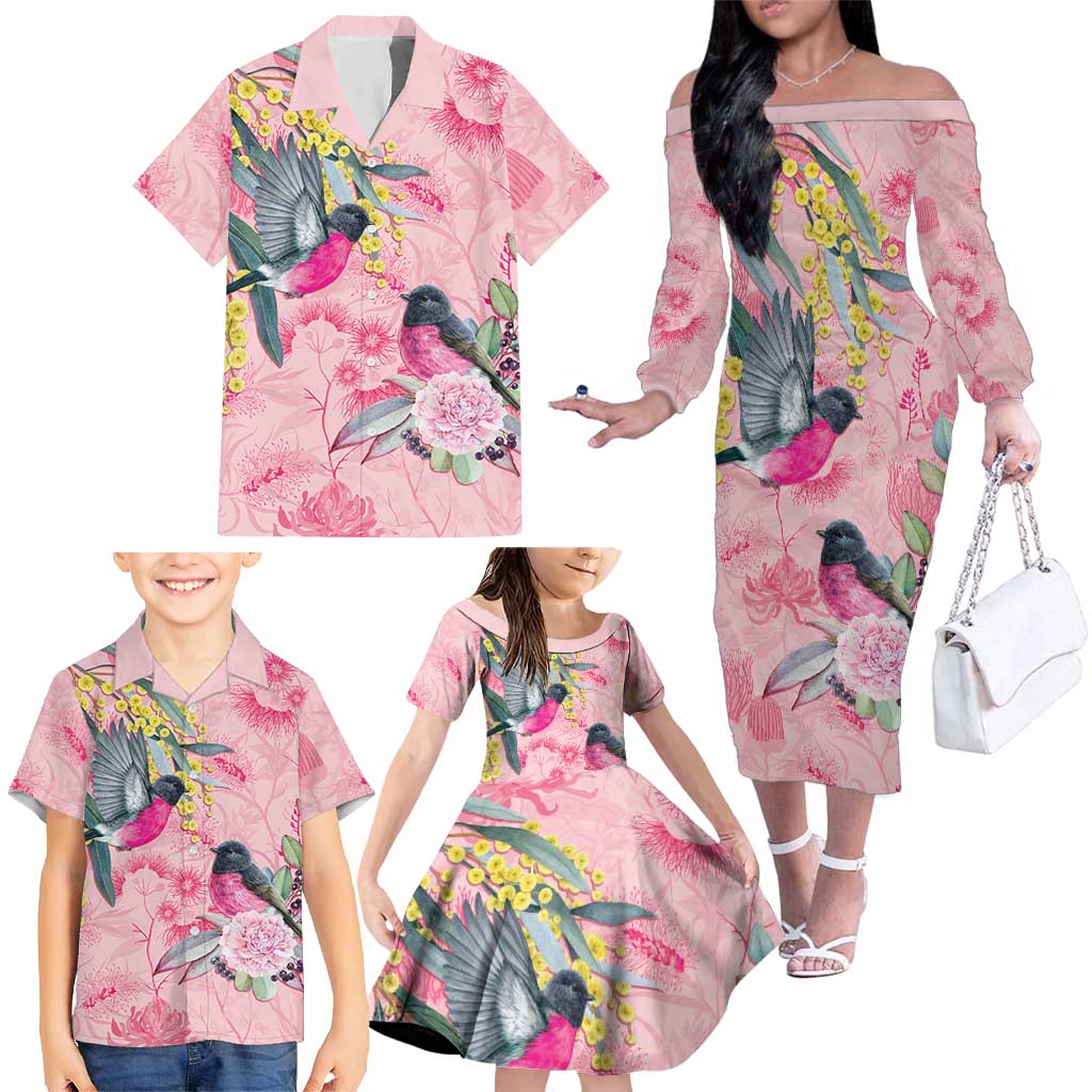 Birds and Floral Aussie Pink Robins Family Matching Off The Shoulder Long Sleeve Dress and Hawaiian Shirt Rosy Glow - Aussie Hoodie