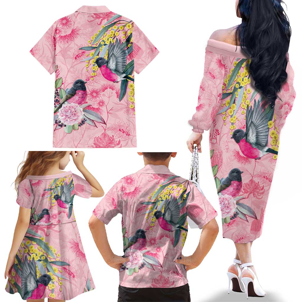 Birds and Floral Aussie Pink Robins Family Matching Off The Shoulder Long Sleeve Dress and Hawaiian Shirt Rosy Glow - Aussie Hoodie