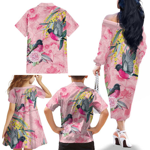 Birds and Floral Aussie Pink Robins Family Matching Off The Shoulder Long Sleeve Dress and Hawaiian Shirt Rosy Glow - Aussie Hoodie