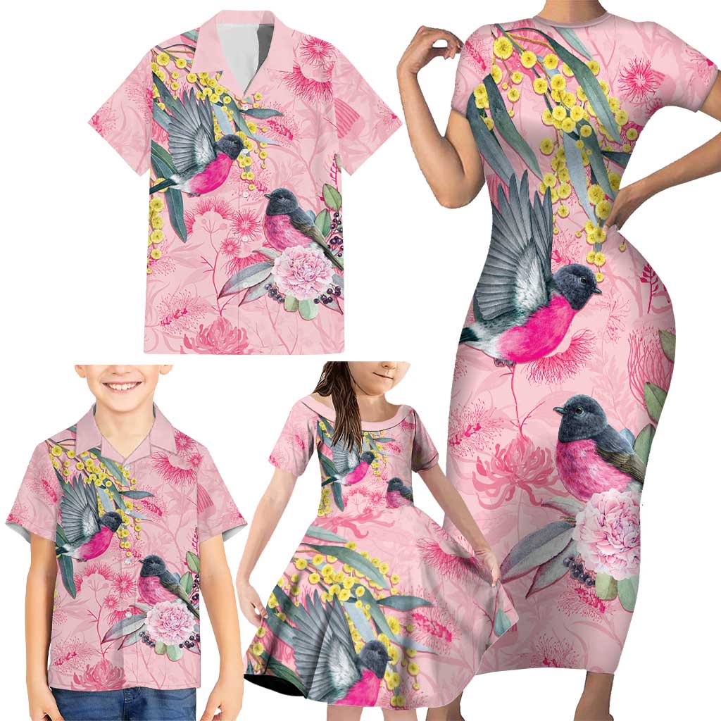Birds and Floral Aussie Pink Robins Family Matching Short Sleeve Bodycon Dress and Hawaiian Shirt Rosy Glow - Aussie Hoodie