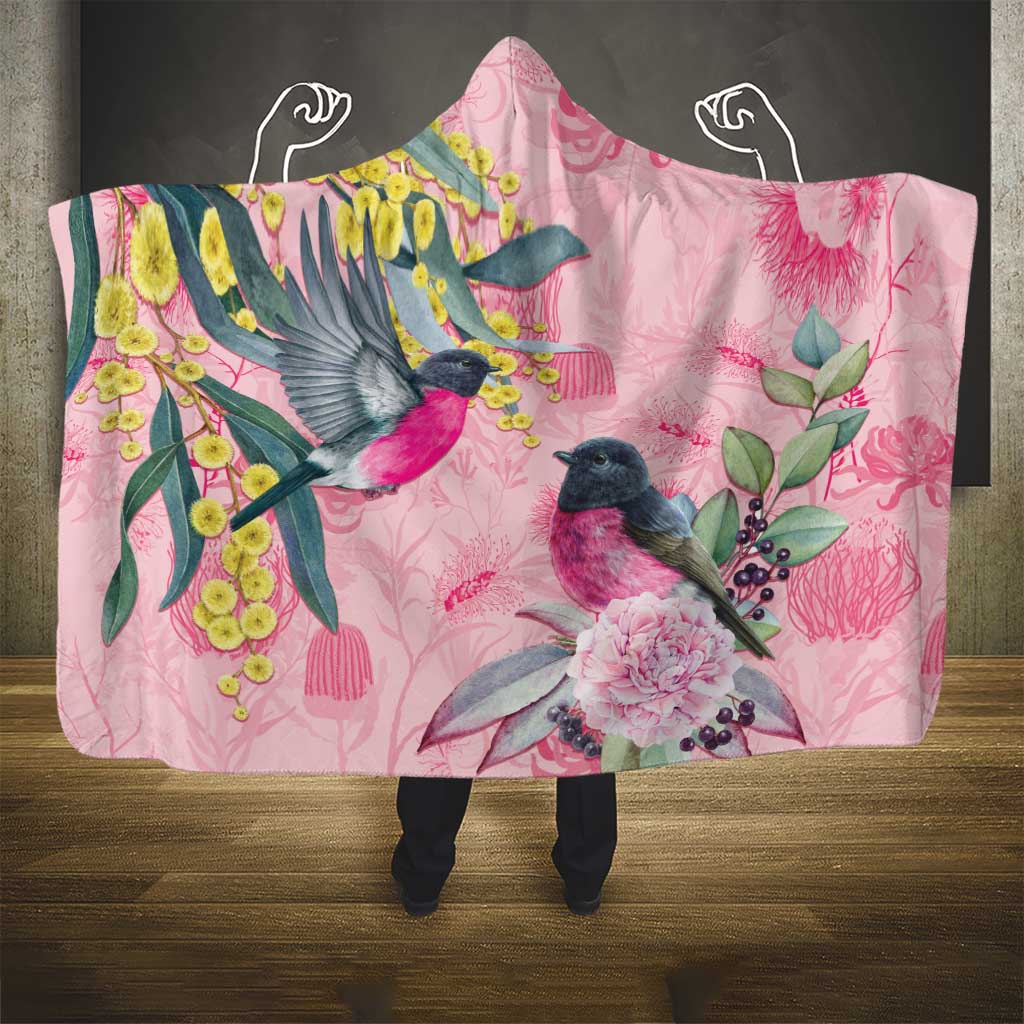 Birds and Floral Aussie Pink Robins Hooded Blanket Rosy Glow - Aussie Hoodie