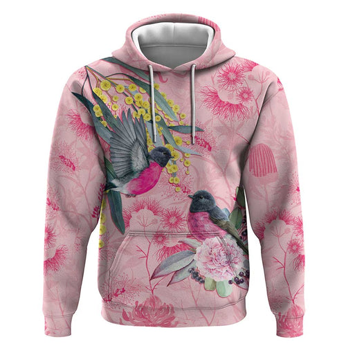 Birds and Floral Aussie Pink Robins Hoodie Rosy Glow - Aussie Hoodie