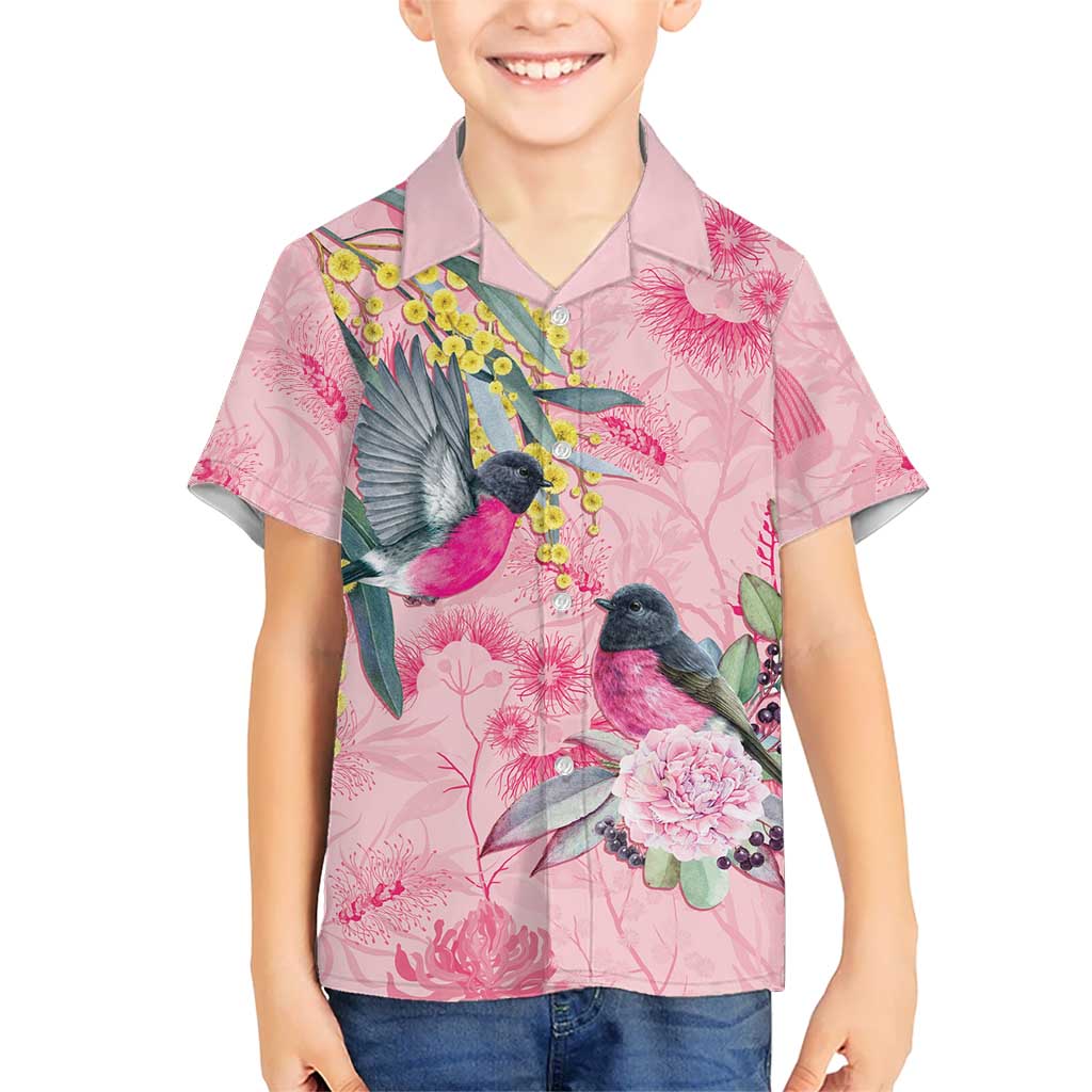 Birds and Floral Aussie Pink Robins Kid Hawaiian Shirt Rosy Glow - Aussie Hoodie