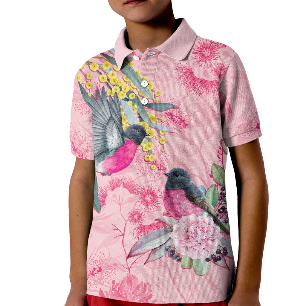 Birds and Floral Aussie Pink Robins Kid Polo Shirt Rosy Glow - Aussie Hoodie