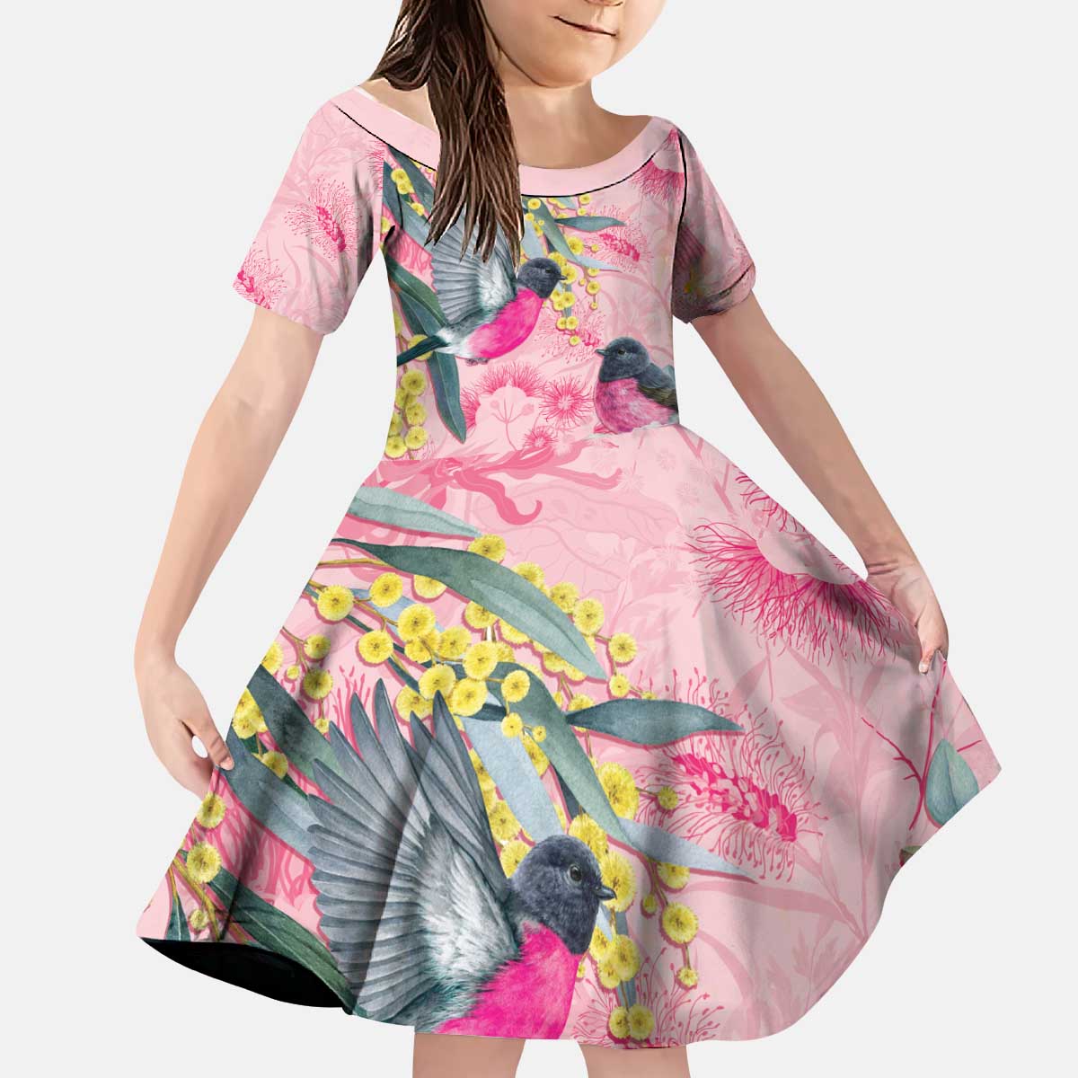 Birds and Floral Aussie Pink Robins Kid Short Sleeve Dress Rosy Glow - Aussie Hoodie