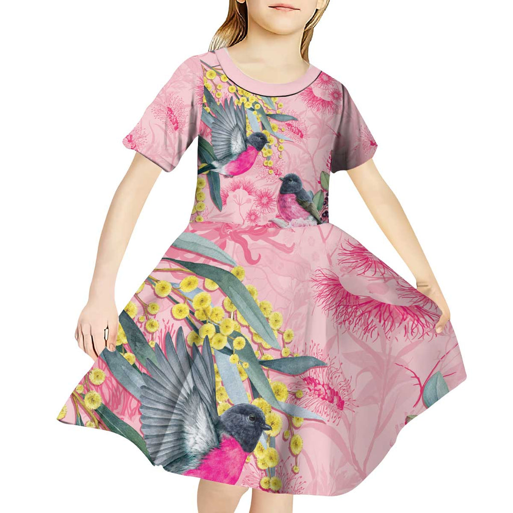 Birds and Floral Aussie Pink Robins Kid Short Sleeve Dress Rosy Glow - Aussie Hoodie