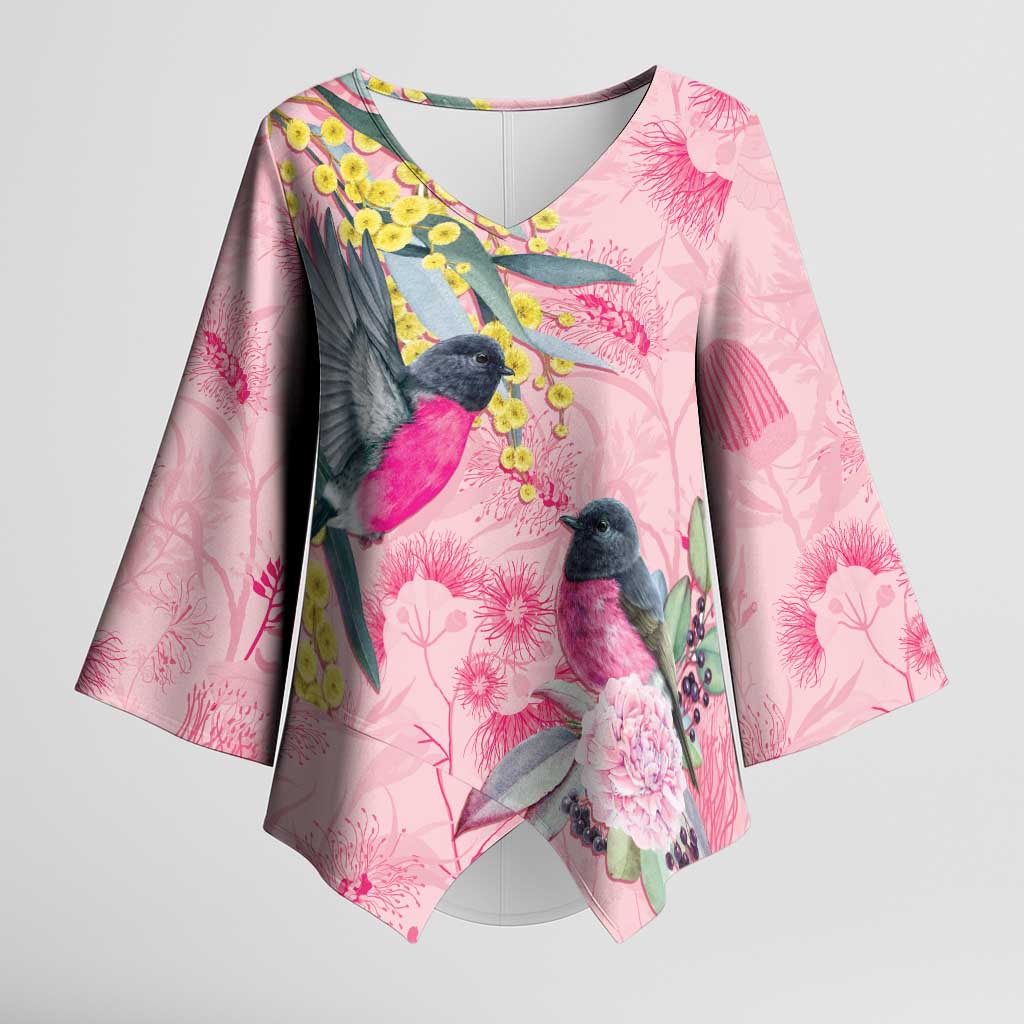Birds and Floral Aussie Pink Robins Kimono Sleeve Blouse Rosy Glow - Aussie Hoodie