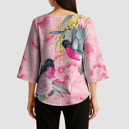 Birds and Floral Aussie Pink Robins Kimono Sleeve Blouse Rosy Glow - Aussie Hoodie