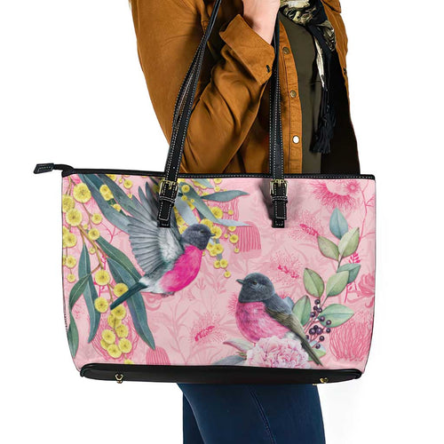 Birds and Floral Aussie Pink Robins Leather Tote Bag Rosy Glow - Aussie Hoodie