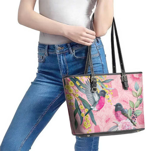 Birds and Floral Aussie Pink Robins Leather Tote Bag Rosy Glow - Aussie Hoodie