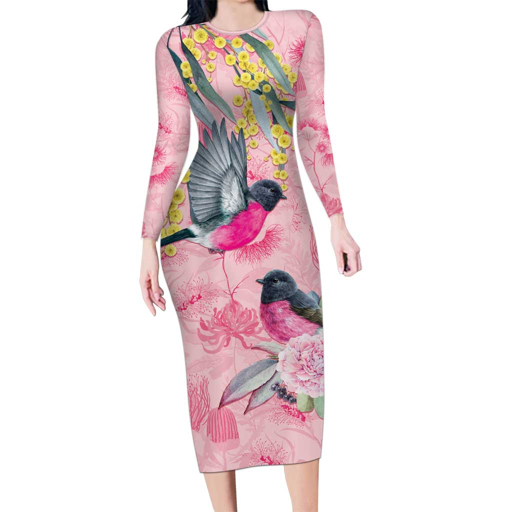 Birds and Floral Aussie Pink Robins Long Sleeve Bodycon Dress Rosy Glow - Aussie Hoodie