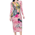 Birds and Floral Aussie Pink Robins Long Sleeve Bodycon Dress Rosy Glow - Aussie Hoodie