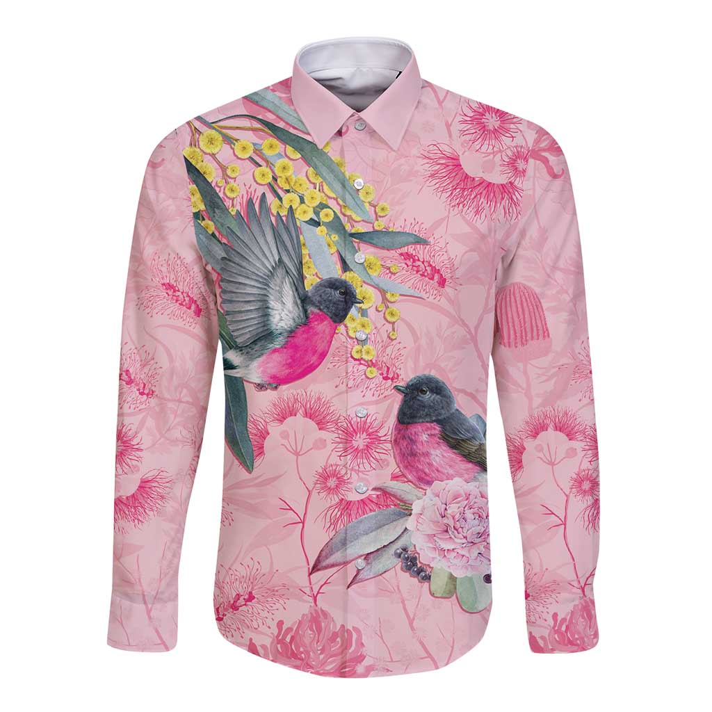 Birds and Floral Aussie Pink Robins Long Sleeve Button Shirt Rosy Glow - Aussie Hoodie