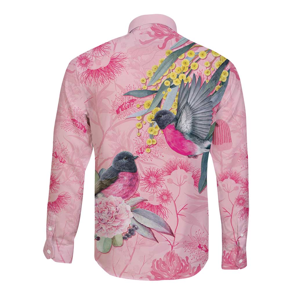 Birds and Floral Aussie Pink Robins Long Sleeve Button Shirt Rosy Glow - Aussie Hoodie