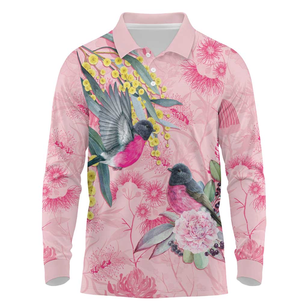 Birds and Floral Aussie Pink Robins Long Sleeve Polo Shirt Rosy Glow - Aussie Hoodie