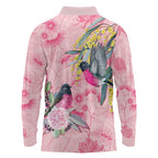 Birds and Floral Aussie Pink Robins Long Sleeve Polo Shirt Rosy Glow - Aussie Hoodie