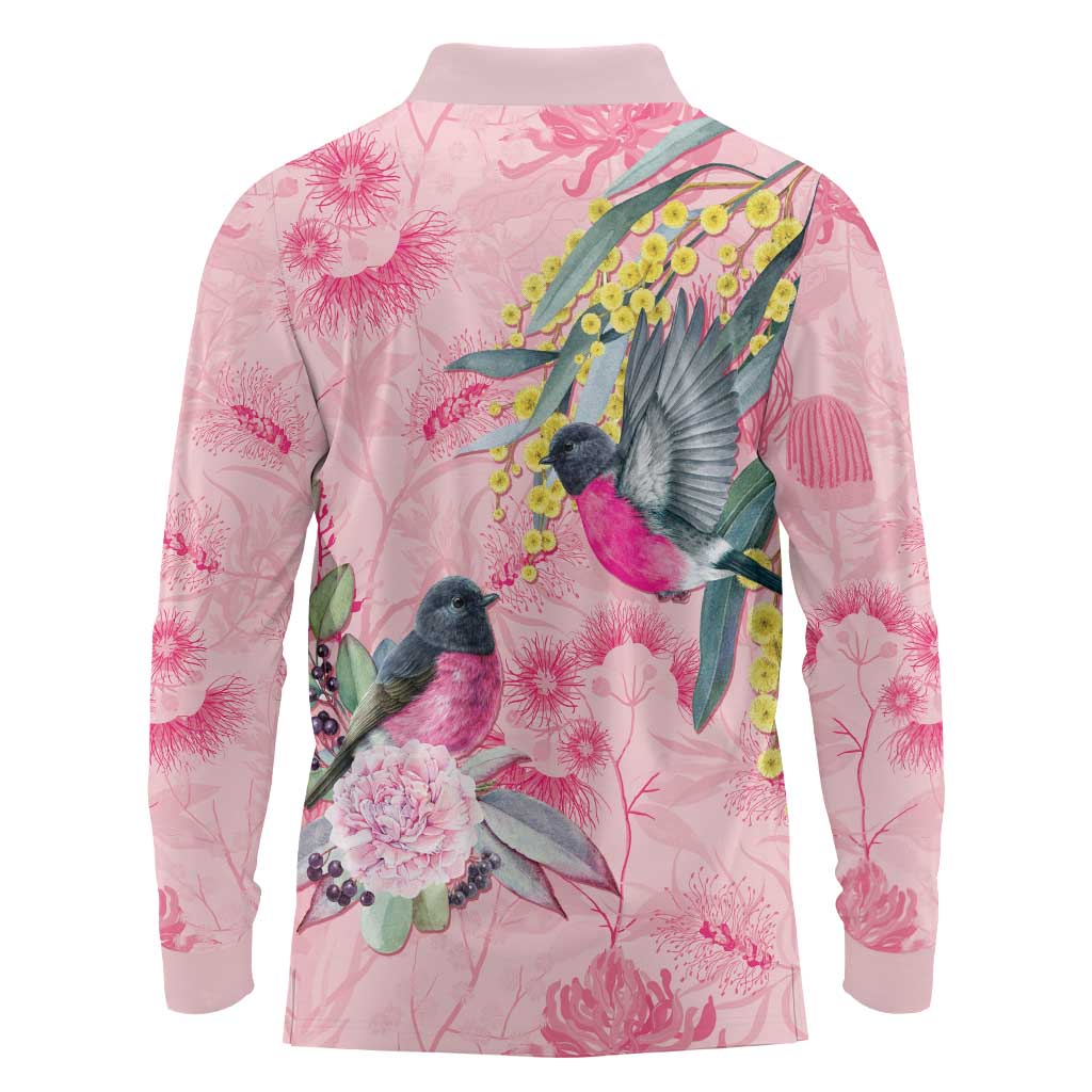 Birds and Floral Aussie Pink Robins Long Sleeve Polo Shirt Rosy Glow - Aussie Hoodie