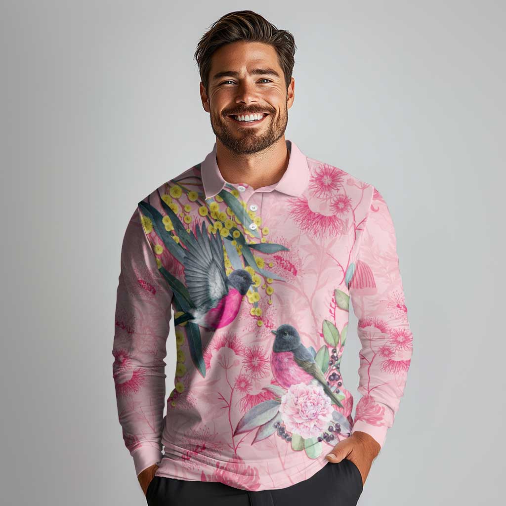 Birds and Floral Aussie Pink Robins Long Sleeve Polo Shirt Rosy Glow - Aussie Hoodie