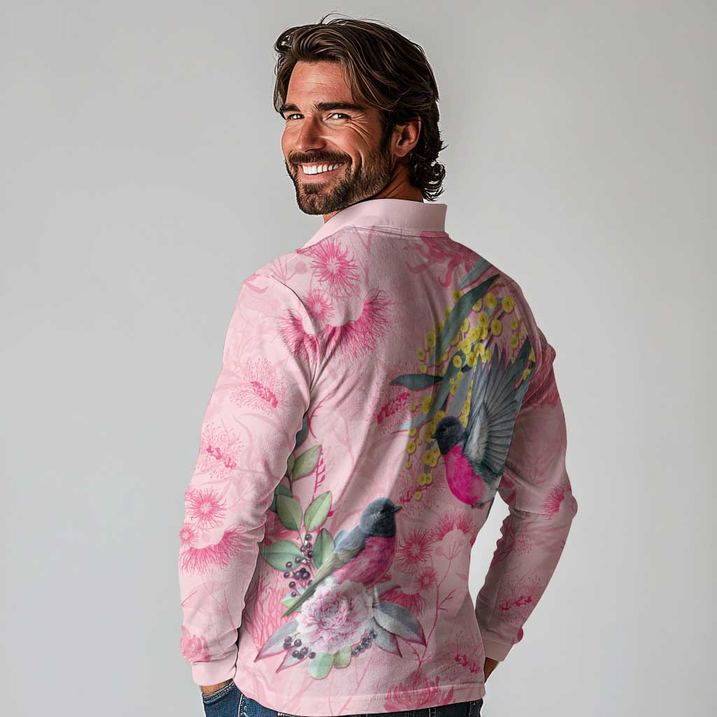 Birds and Floral Aussie Pink Robins Long Sleeve Polo Shirt Rosy Glow - Aussie Hoodie