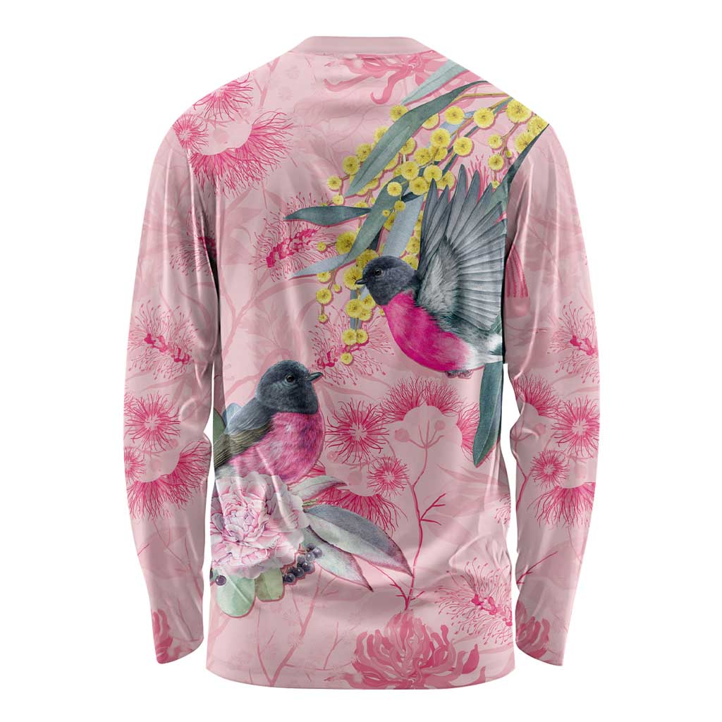 Birds and Floral Aussie Pink Robins Long Sleeve Shirt Rosy Glow - Aussie Hoodie