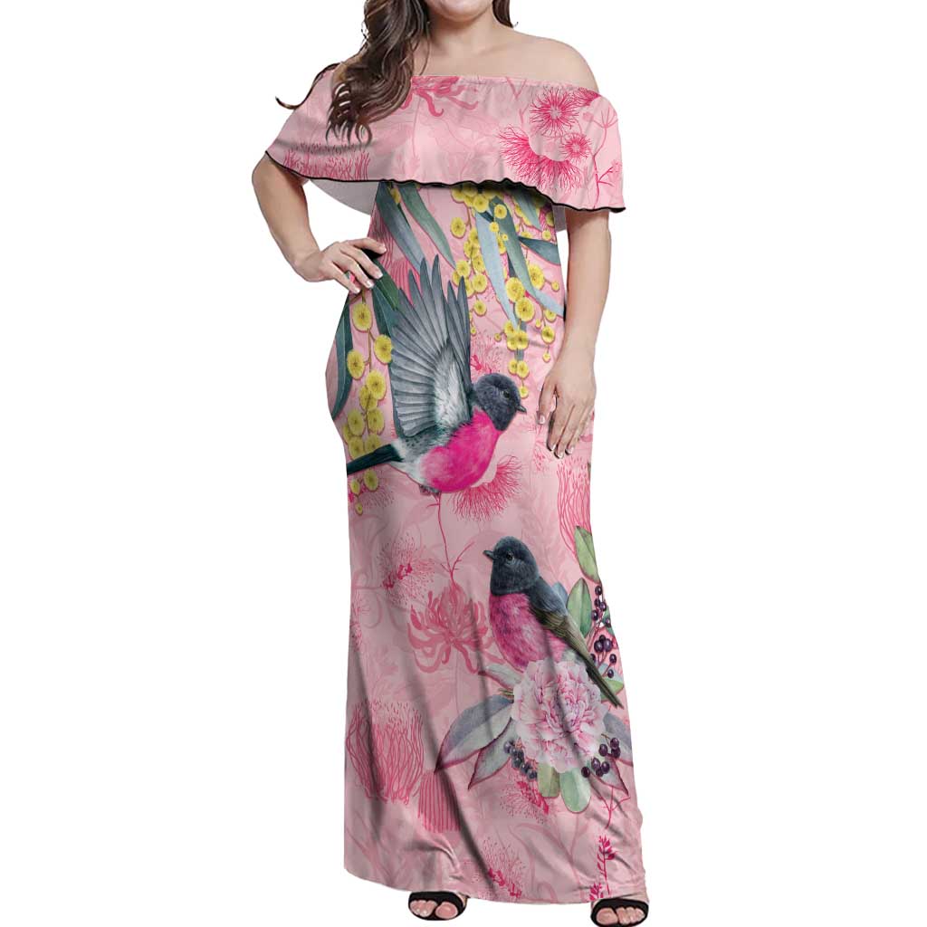 Birds and Floral Aussie Pink Robins Off Shoulder Maxi Dress Rosy Glow - Aussie Hoodie