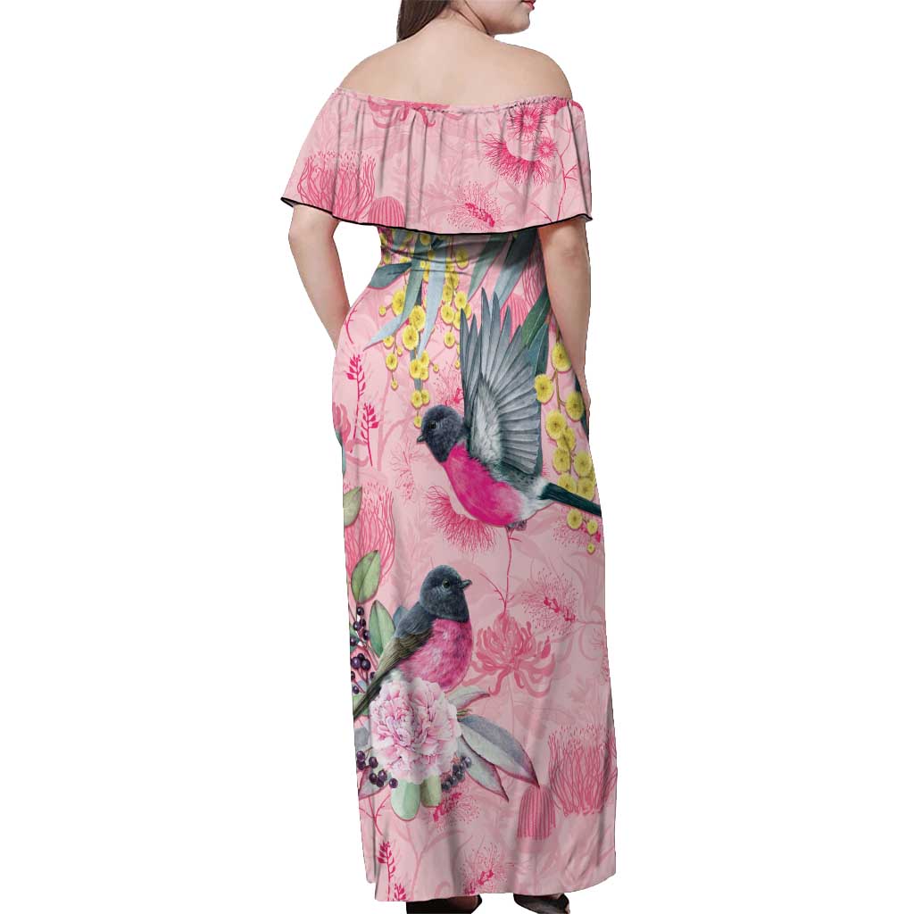 Birds and Floral Aussie Pink Robins Off Shoulder Maxi Dress Rosy Glow - Aussie Hoodie