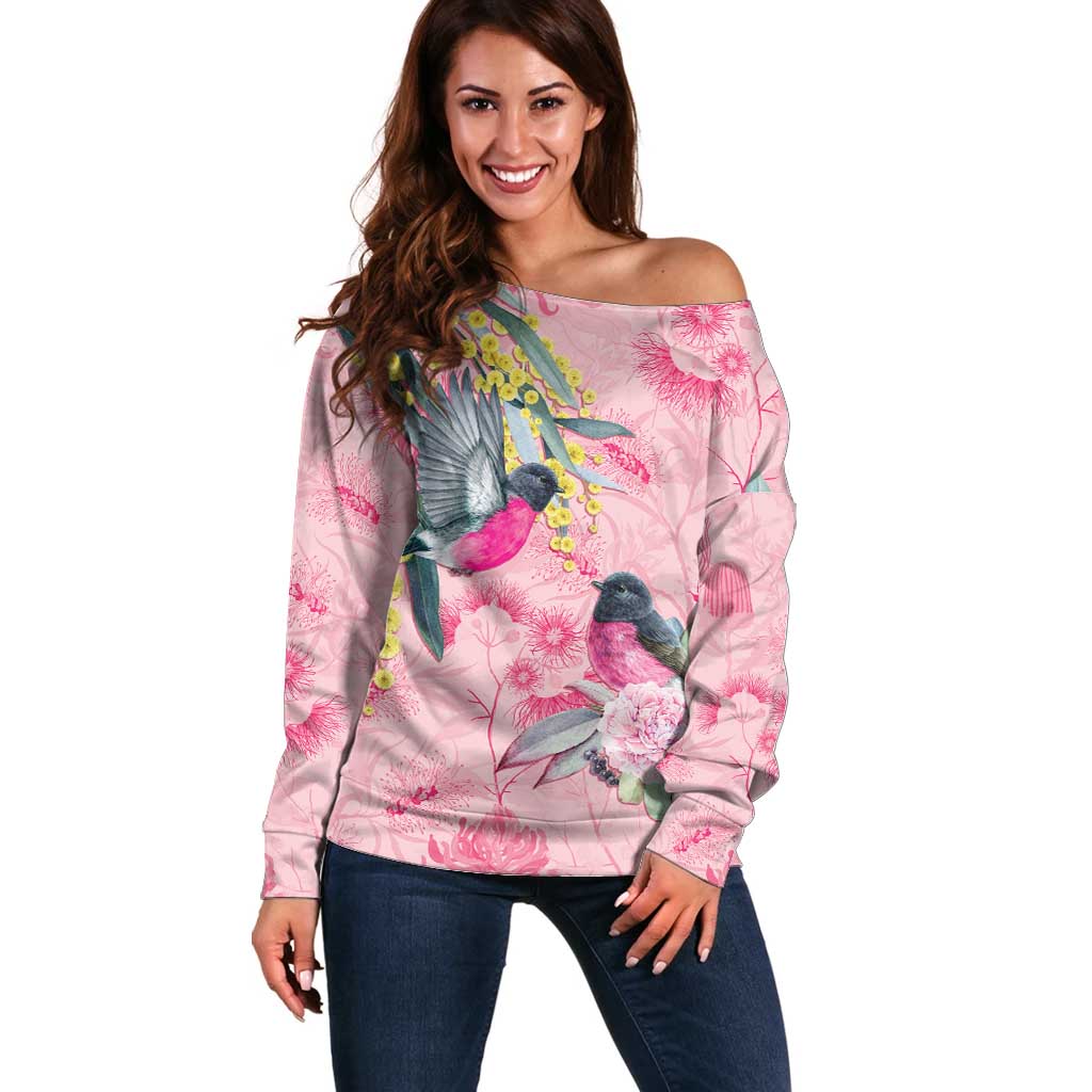 Birds and Floral Aussie Pink Robins Off Shoulder Sweater Rosy Glow - Aussie Hoodie