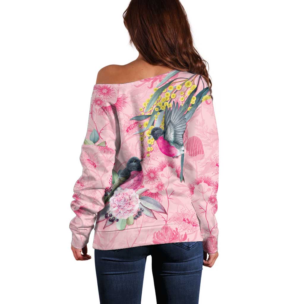 Birds and Floral Aussie Pink Robins Off Shoulder Sweater Rosy Glow - Aussie Hoodie