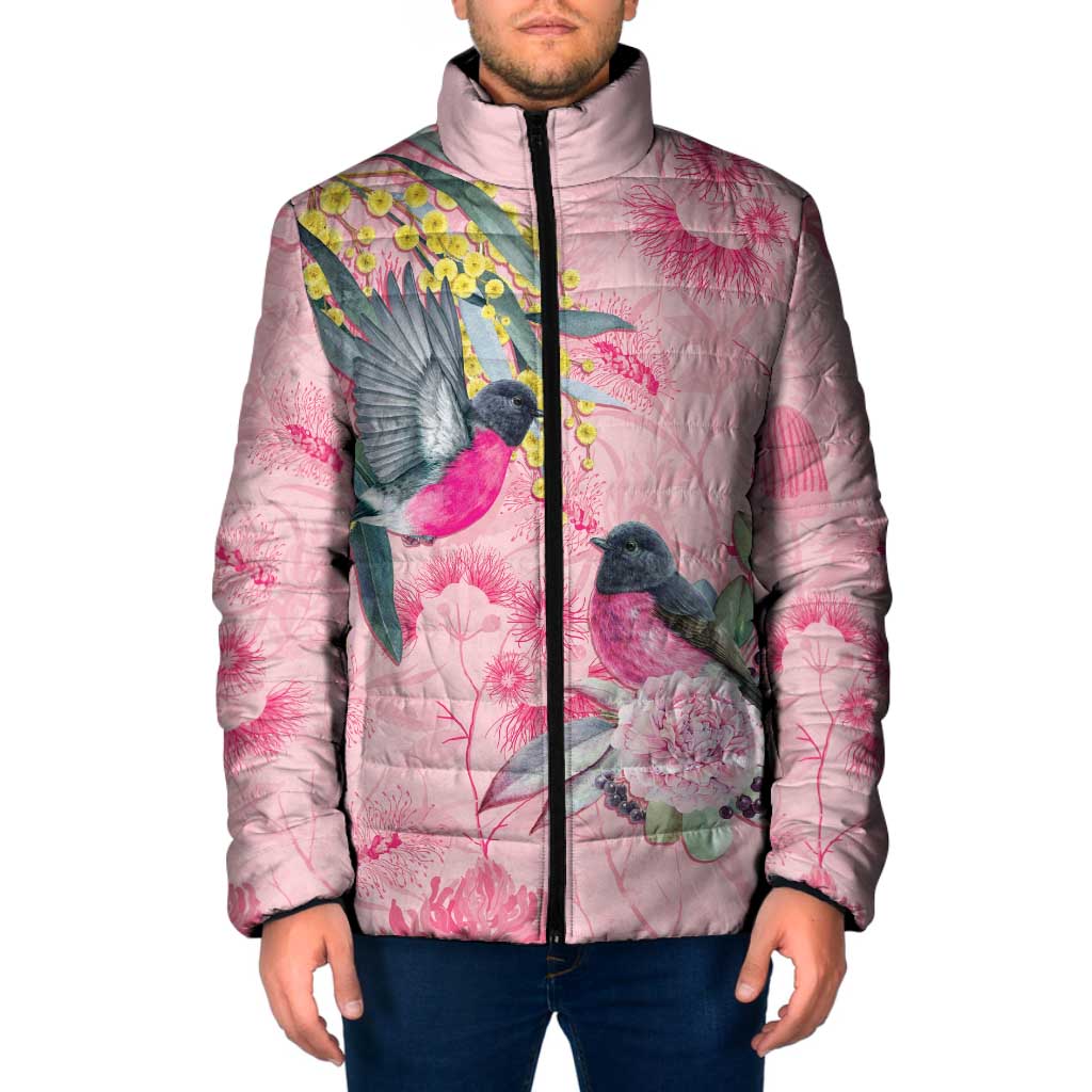 Birds and Floral Aussie Pink Robins Padded Jacket Rosy Glow - Aussie Hoodie