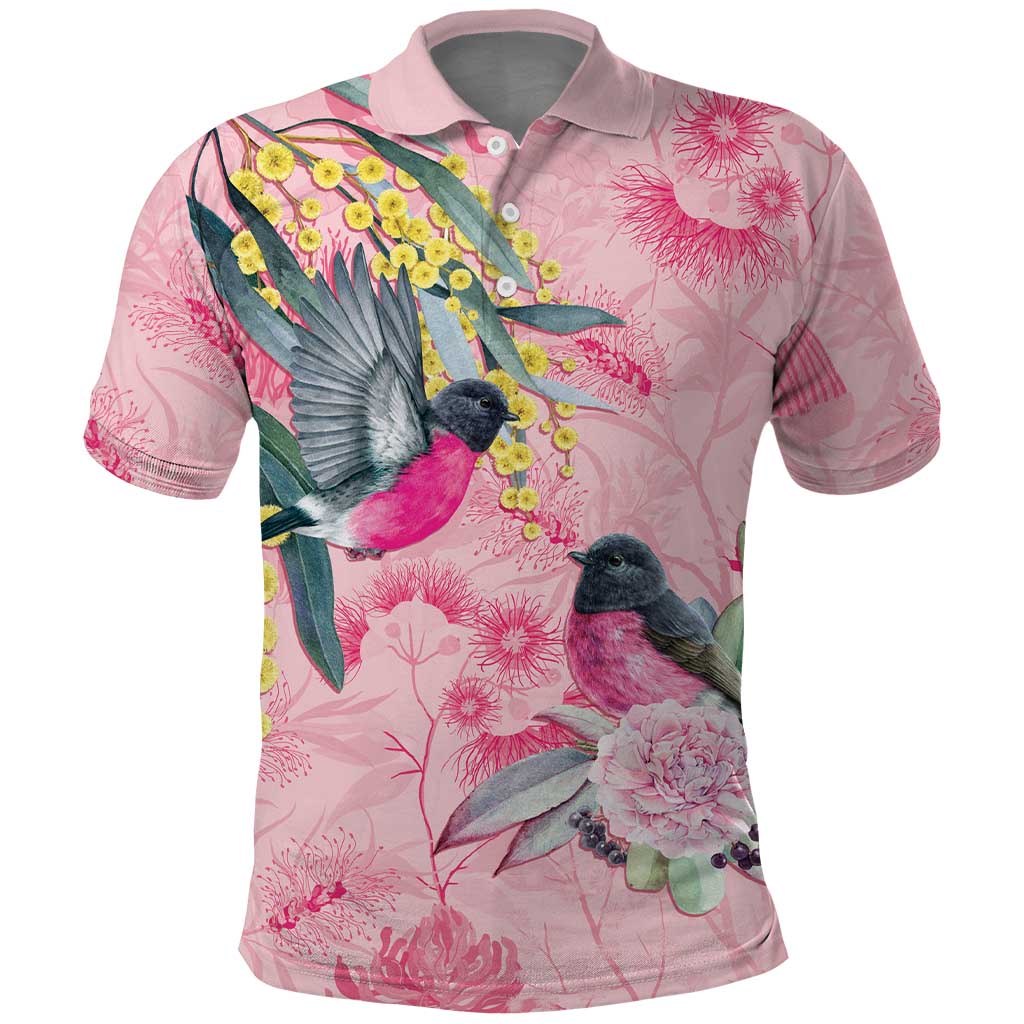 Birds and Floral Aussie Pink Robins Polo Shirt Rosy Glow - Aussie Hoodie
