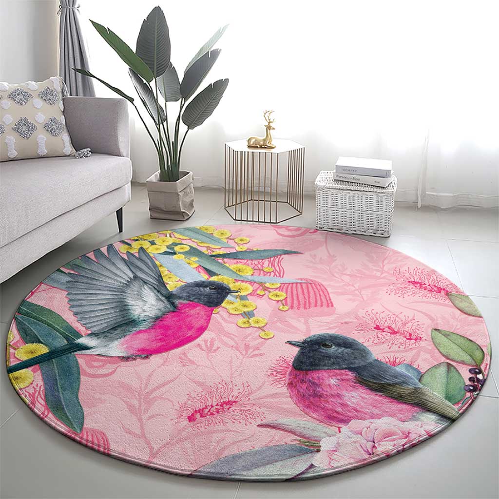 Birds and Floral Aussie Pink Robins Round Carpet Rosy Glow - Aussie Hoodie