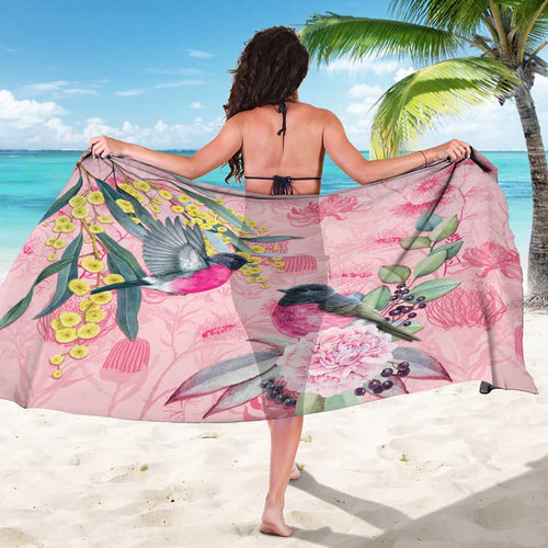 Birds and Floral Aussie Pink Robins Sarong Rosy Glow - Aussie Hoodie