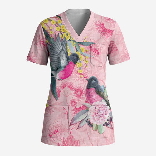 Birds and Floral Aussie Pink Robins Scrub Top Rosy Glow - Aussie Hoodie