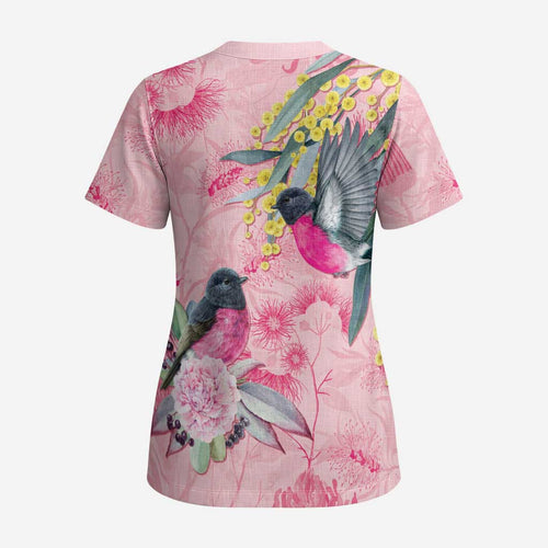 Birds and Floral Aussie Pink Robins Scrub Top Rosy Glow - Aussie Hoodie