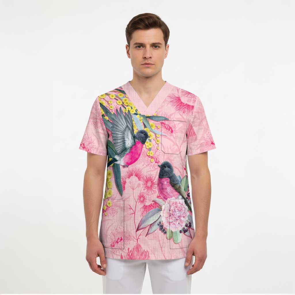 Birds and Floral Aussie Pink Robins Scrub Top Rosy Glow - Aussie Hoodie