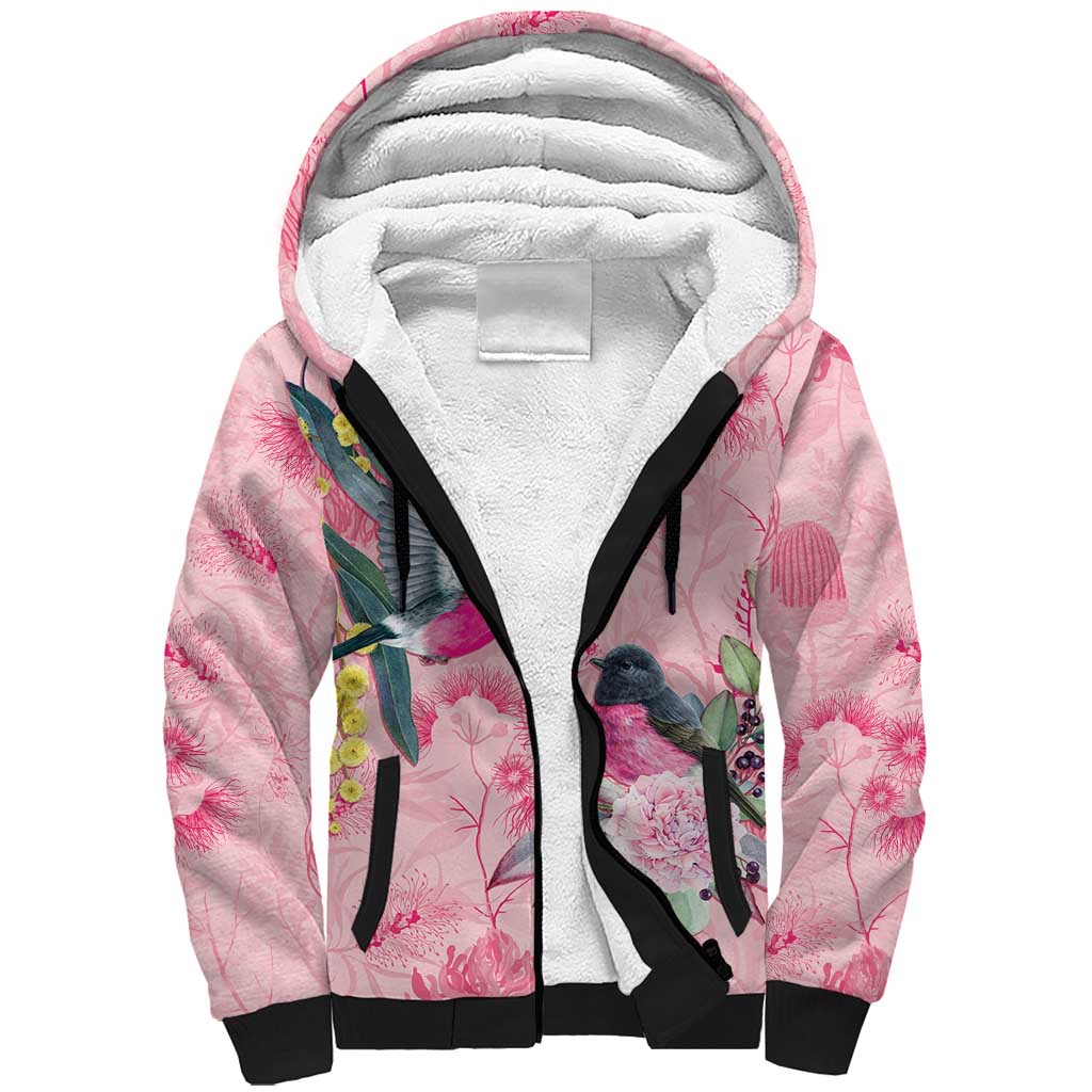Birds and Floral Aussie Pink Robins Sherpa Hoodie Rosy Glow - Aussie Hoodie