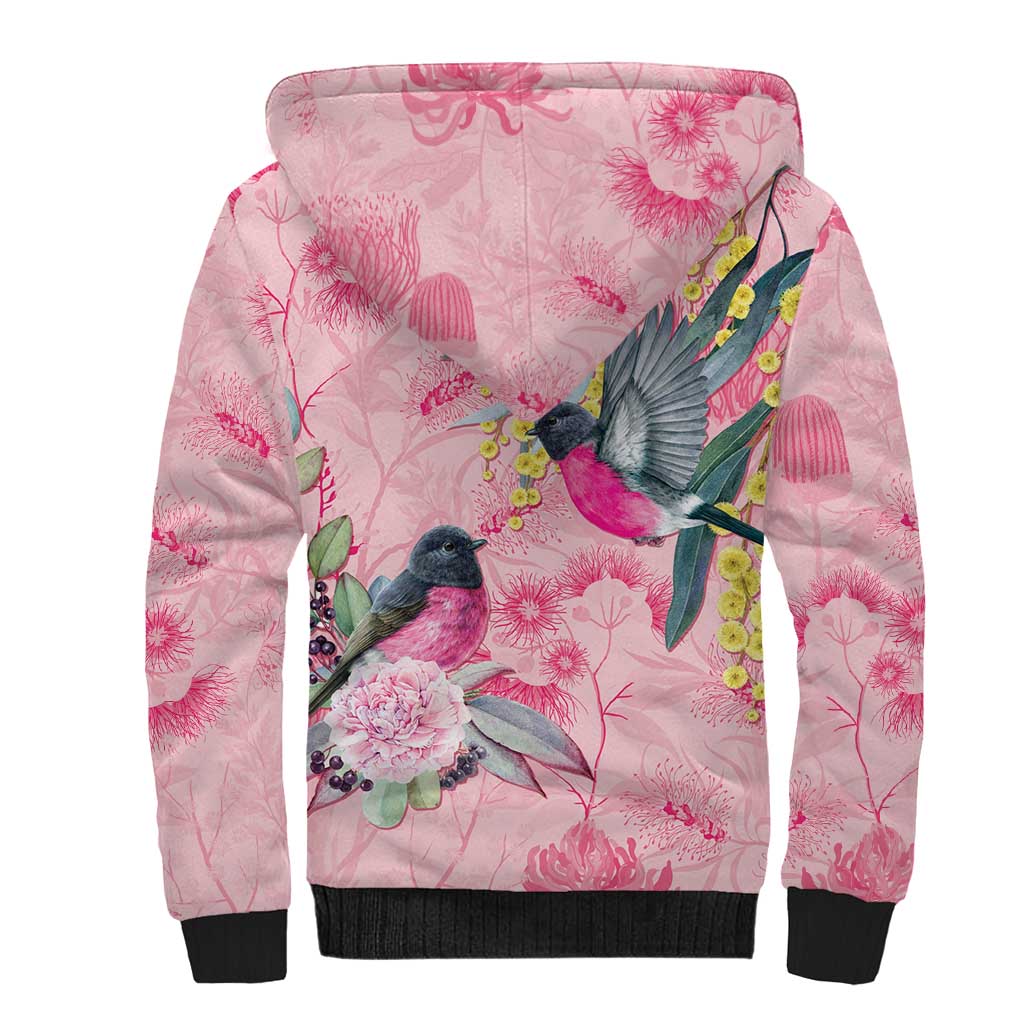 Birds and Floral Aussie Pink Robins Sherpa Hoodie Rosy Glow - Aussie Hoodie