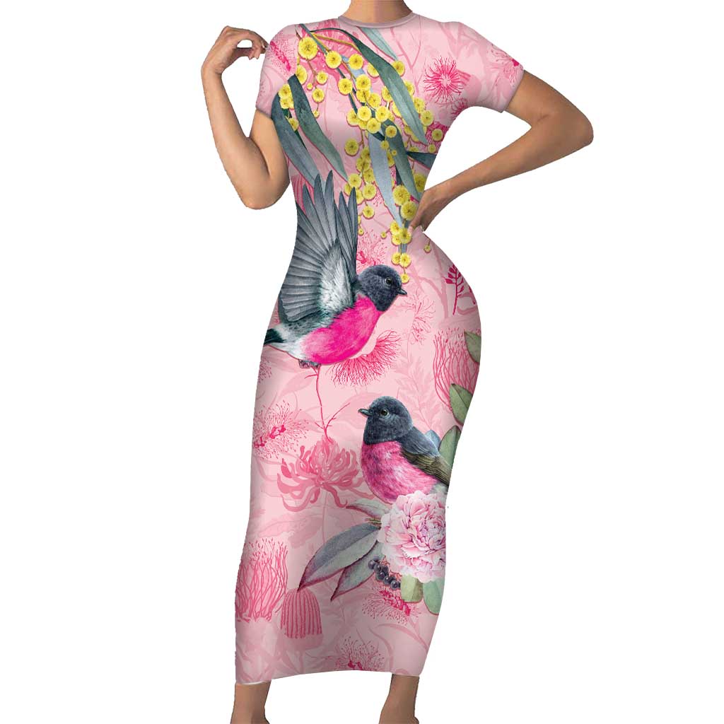 Birds and Floral Aussie Pink Robins Short Sleeve Bodycon Dress Rosy Glow - Aussie Hoodie