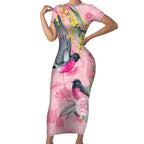Birds and Floral Aussie Pink Robins Short Sleeve Bodycon Dress Rosy Glow - Aussie Hoodie
