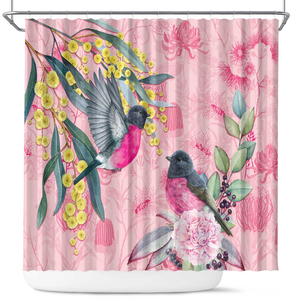 Birds and Floral Aussie Pink Robins Shower Curtain Rosy Glow - Aussie Hoodie