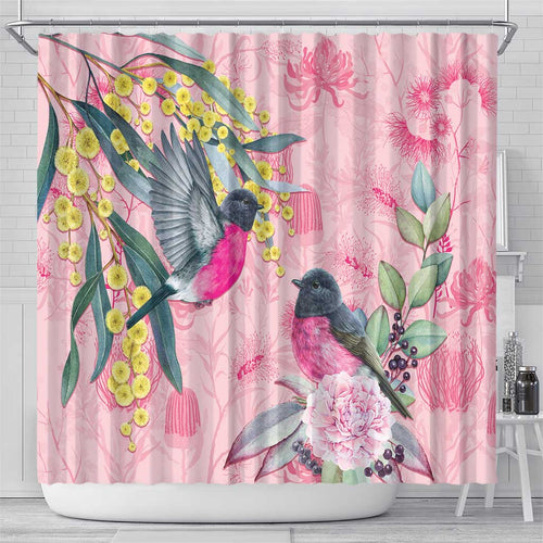 Birds and Floral Aussie Pink Robins Shower Curtain Rosy Glow - Aussie Hoodie