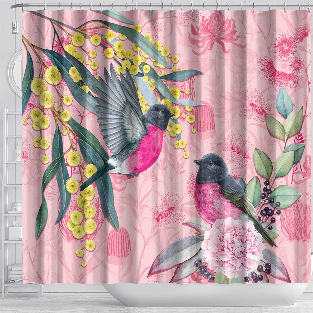 Birds and Floral Aussie Pink Robins Shower Curtain Rosy Glow - Aussie Hoodie