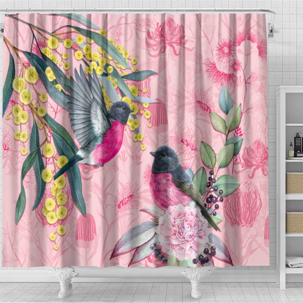 Birds and Floral Aussie Pink Robins Shower Curtain Rosy Glow - Aussie Hoodie