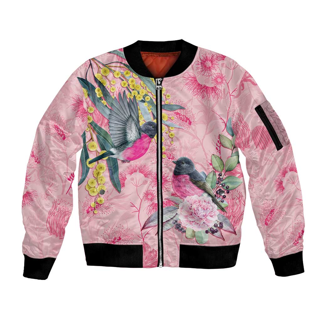 Birds and Floral Aussie Pink Robins Sleeve Zip Bomber Jacket Rosy Glow - Aussie Hoodie