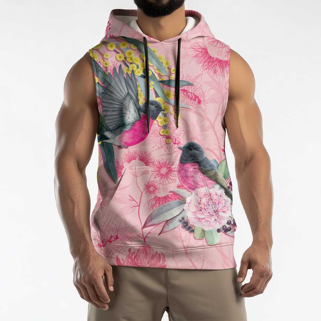 Birds and Floral Aussie Pink Robins Sleeveless Hoodie Rosy Glow - Aussie Hoodie