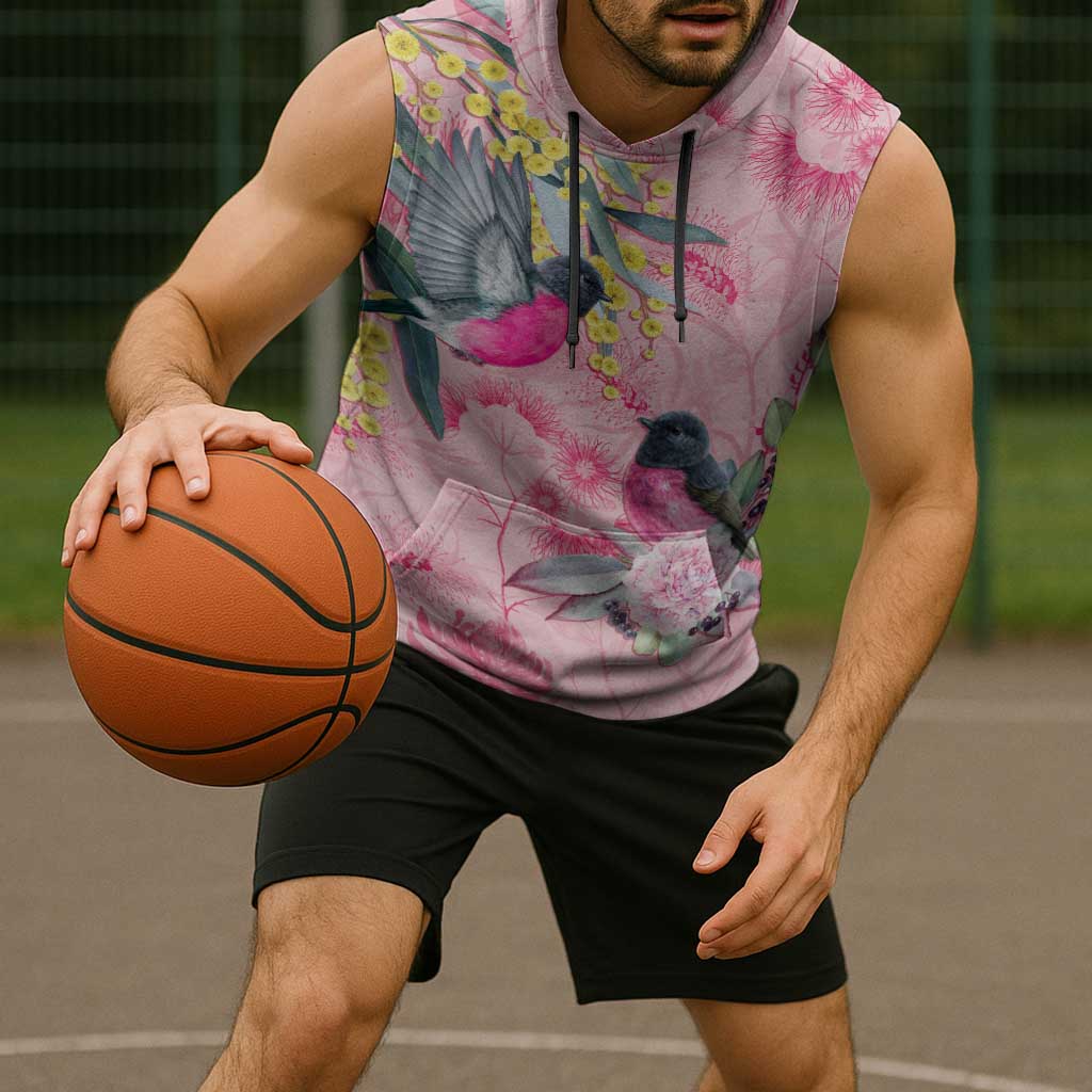 Birds and Floral Aussie Pink Robins Sleeveless Hoodie Rosy Glow - Aussie Hoodie